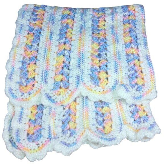 Handmade Crochet Baby Blanket Throw Pastel Sparkle Purple Yellow White Pink - Picture 3 of 10